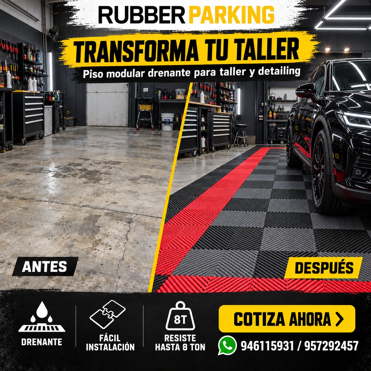 Antes y después: piso de concreto manchado cambiado por piso modular negro, gris y rojo en un taller de detailing