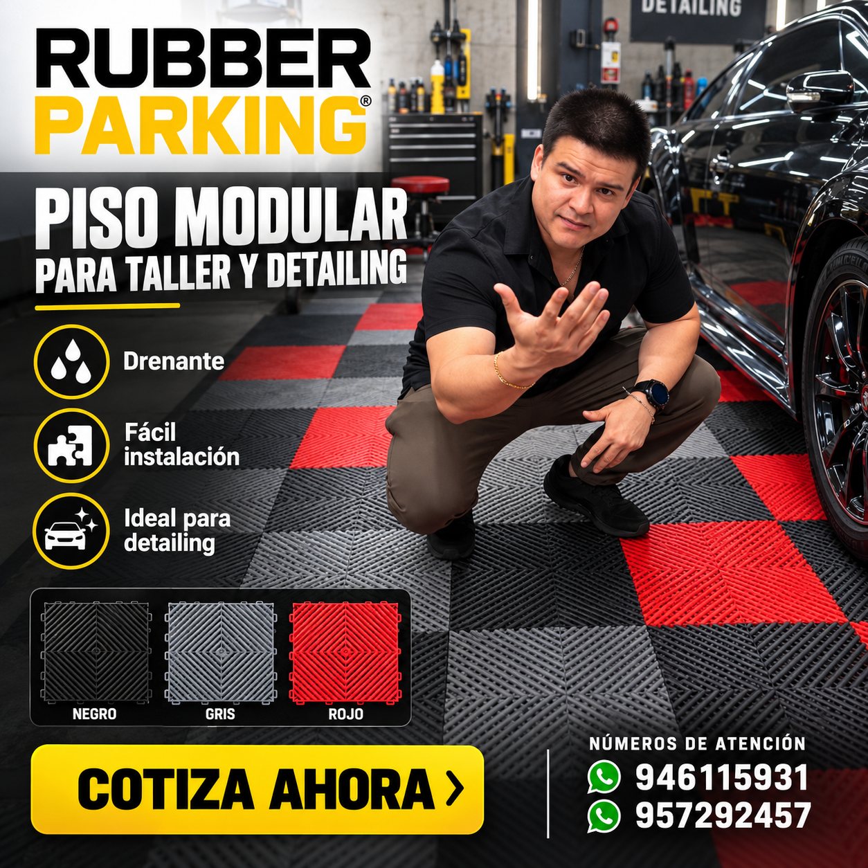 Piso modular Rubber Parking en damero negro, gris y rojo en un taller de detailing